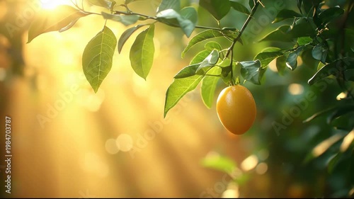 Ripe orange fruit hanging from a branch in warm golden hour sunlight.