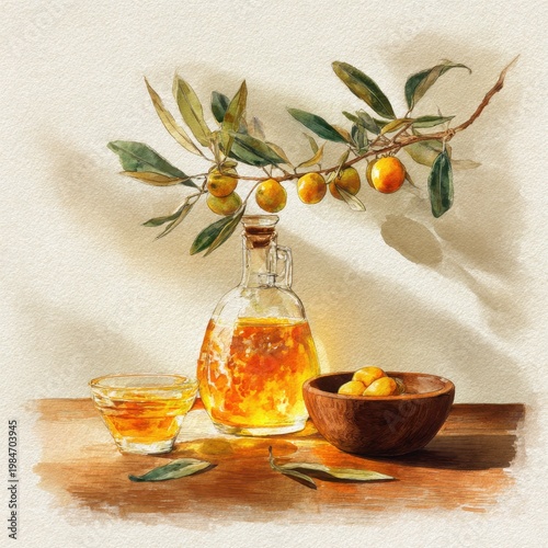 Watercolor still life of olives and olive oil on a warm wooden table