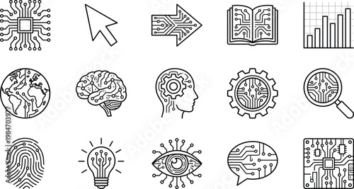 Artificial Intelligence and Data Technology Line Icon Set with Machine Learning, Neural Networks, Analytics, Digital Systems, and Innovation Symbols for Web and App Design