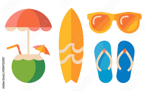 Summer beach objects: umbrella drink, sunglasses, flip-flops, surfboard.