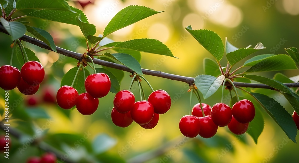 Obraz premium Vibrant red cherries hanging from a tree branch with green leaves in a natural outdoor setting with sunlight