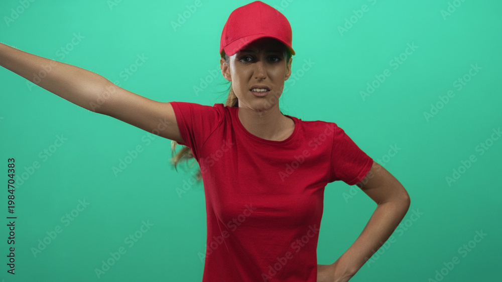 Fototapeta premium Woman courier in red cap and t shirt with puffed cheeks, hands on hips and raised arm in teal green studio; frustration.