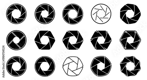 Camera shutter icons set with black and white designs, various styles and shapes, graphic elements. featuring design, photography, photography tools