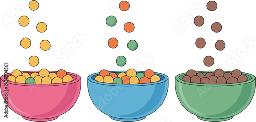 Healthy breakfast cereal bowls collection with corn flakes fruit loops and chocolate balls falling into milk for morning meal vector illustration. 