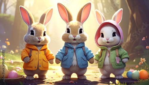 Three bunnies in jackets stand happily on a path with spring flowers and easter eggs