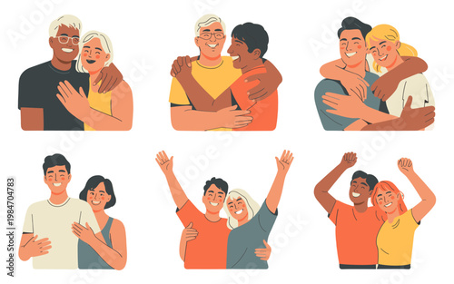 Diverse illustrations of couples embracing, showing love and connection.