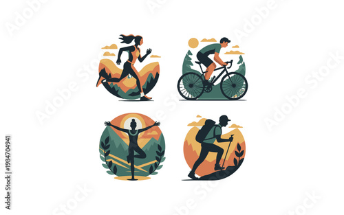 Diverse outdoor activities: running, biking, yoga and hiking.