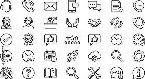 Customer Support and Communication Line Icon Set with Help Desk, Contact, Feedback, Call Center, Assistance, and Service Symbols for Web and App Design