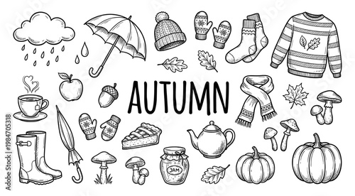 Autumn doodle set with pumpkin sweater and umbrella sketch