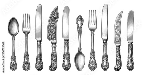 Vintage cutlery silverware set with spoon fork and knife engraving