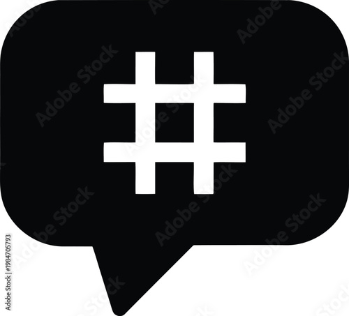 A black and white icon of a speech bubble with a hash sign