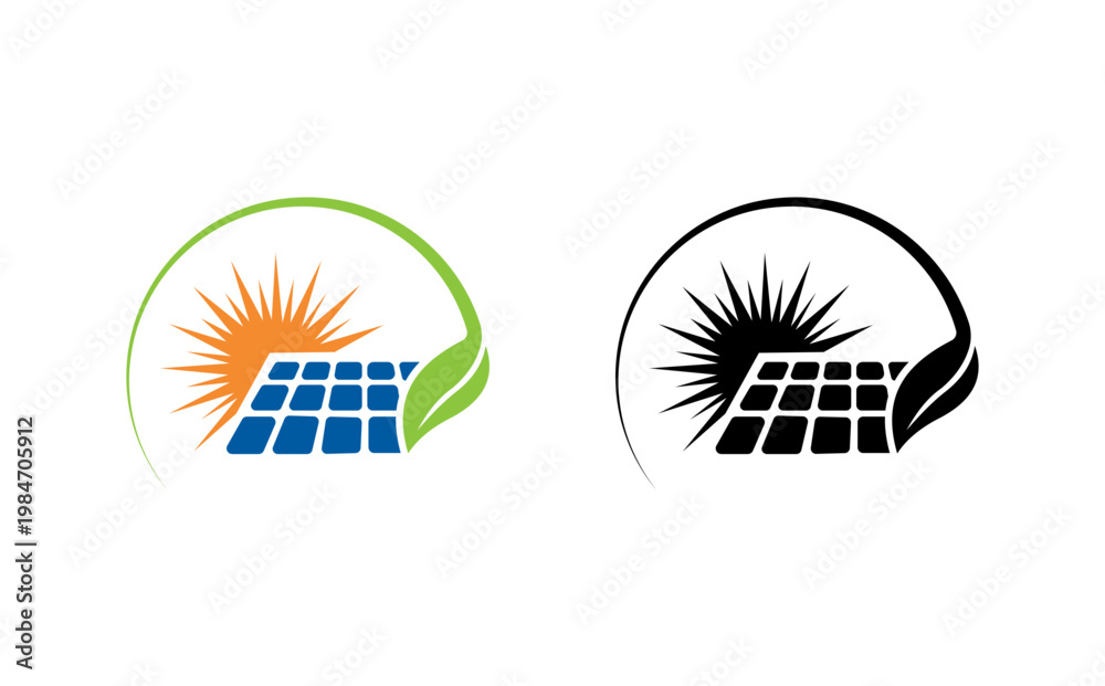 Obraz premium A logo featuring solar panels and a sun with a leaf, symbolizing renewable energy and eco-friendliness.