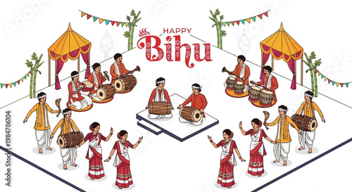 A celebratory Bihu festival illustration showcases Assam's cultural heritage, with people in traditional Assamese dress dancing and playing music on drums against a white background