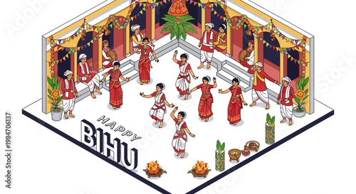 Isometric illustration showcasing a vibrant Rongali Bihu festival with people in traditional Assamese dress joyfully performing the Bihu dance amid festive decorations, conveying a joyful