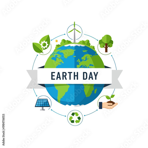 Earth Day Concept: Globe with Renewable Energy, Recycling, and Nature Elements
