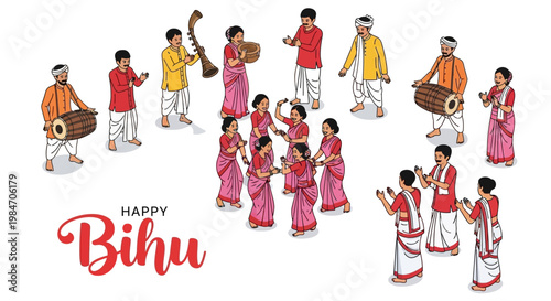 Illustrations depict a joyful harvest celebration of the Assam heritage festival with people in traditional Assamese dress playing musical instruments and dancing in a vector design