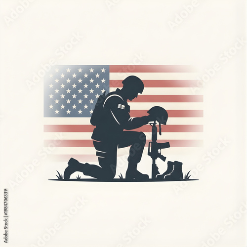 American military veteran paying tribute to fallen comrade silhouette on United States flag background for Memorial Day.