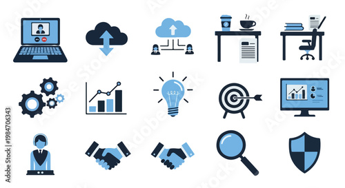 A collection of professional business and technology icons in blue and black, representing teamwork, strategy, data analysis, and digital services.