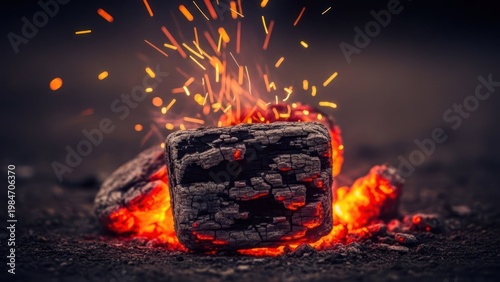 Close-up of glowing charcoal with sparking embers against a dark background