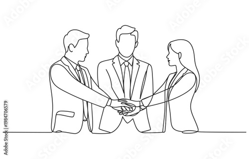 Foto Three business people in suits putting hands together in unity and teamwork with