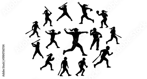 Minimal softball player silhouettes vector set with clean athletic action poses and icons