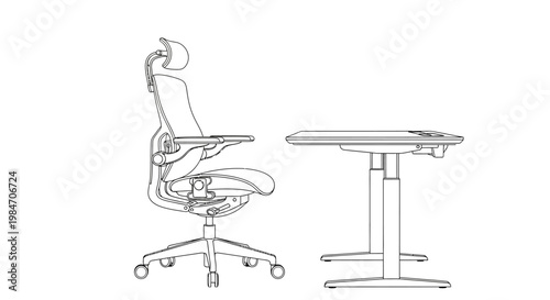 Line drawing of an ergonomic office chair and an adjustable standing desk.