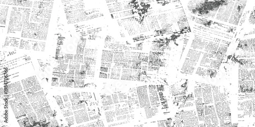 Distressed gray grunge overlay on vintage newspaper text and scattered dots. Newspaper text with large grey ink blotches and distressed edges print vintage retro