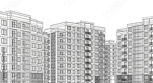 Architectural wireframe drawing of multiple modern apartment buildings in an urban setting.