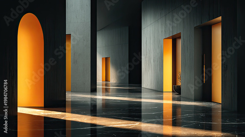 Abstract architectural space with golden doorways and reflective floor.
