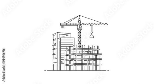 A detailed line drawing of a building under construction, featuring a crane and the skeletal framework of a multi-story structure.