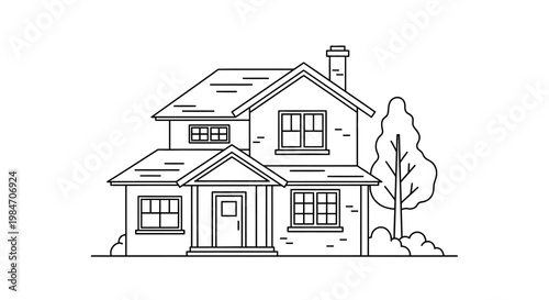 A detailed black and white line drawing of a two-story house with a prominent chimney, multiple windows, and a small tree to the right.