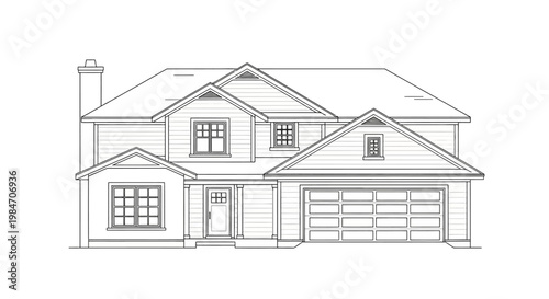 Architectural drawing of a two-story house with a prominent gable roof, a two-car garage, and a charming front entrance.