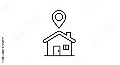 A simple black and white line drawing of a house with a location pin icon hovering above its roof.