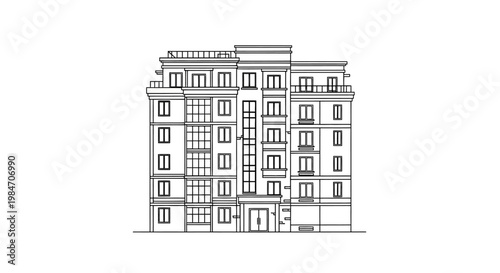 Architectural drawing of a multi-story residential building with detailed facade elements, balconies, and windows.