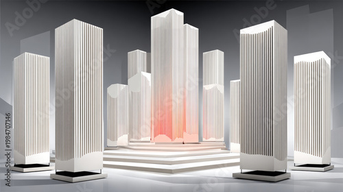 Abstract Cityscape with Geometric Buildings and Warm Light.