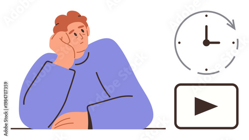 Time management, procrastination, decision-making, waiting, reflection, workflow concepts. A person with a clock and play button symbol. Time management and procrastination visualization