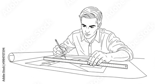 Young man writing and sketching at desk.