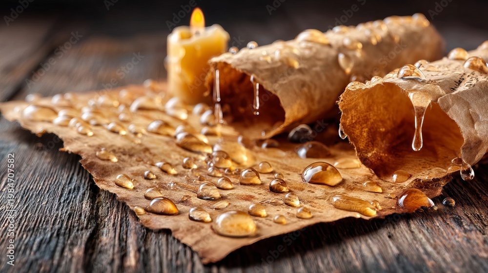Fototapeta premium Wax Candle Droplets Hardened Into Irregular Shapes on Rustic Surface