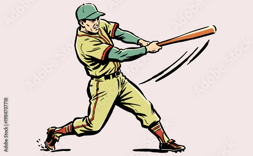 Vintage baseball player hitting the ball graphic for t-shirt design. Retro sports club artwork, baseball league hitter character illustration.