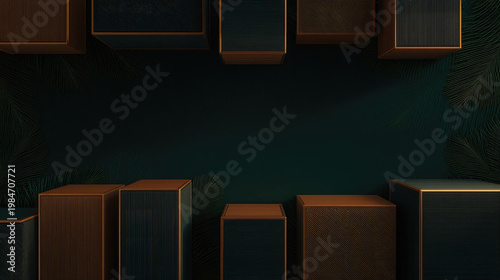 Abstract Dark Green Background with Brown and Black Cubes.