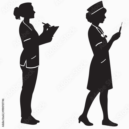 Black silhouette illustration of a woman holding a microphone and a man with a gun as a business couple in a fashion dance