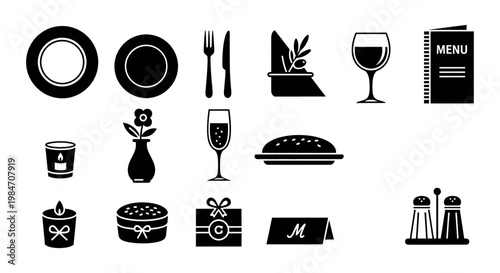 Black and white flat design restaurant tableware and food icons set including plates, glasses, cutlery, and dishes.