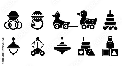 Black and white baby toys icons set including pacifier, rattle, duck, stacking cups