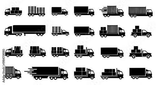 Trucks black silhouette set with various cargo and transport vehicles, including semi-trailers and delivery trucks with different loads and