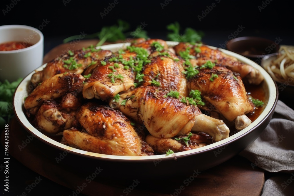 Fototapeta premium Delicious roasted chicken legs and wings seasoned with herbs and spices, presented in a serving dish, ready to be enjoyed