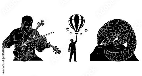 Musician playing violin silhouette with hot air balloon and pangolin against white background