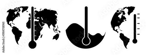 Climate change set with a global thermometer icon featuring environmental data, warming trends, earth monitoring with ecological impact and weather forecasting