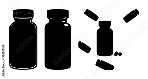 Vitamin supplement bottle icon set with solid black icon on white background featuring health, wellness, nutrition with bottle shape and label
