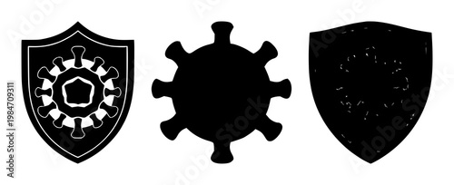 Immune system shield icon set with a solid black design featuring a health symbol, medical protection, immunological defense with safety and wellness