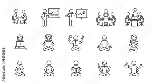 Collection of Simple Line Art Icons Representing Business and Meditation.